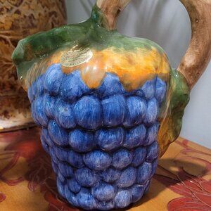 Di Bassano Raised Grapes Pitcher Branch Handle Ceramic Made in Italy 7 1/2"
